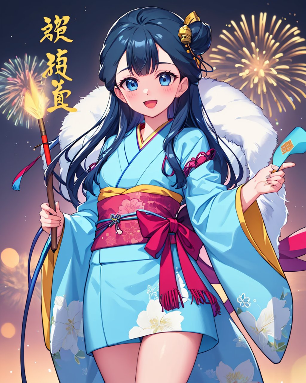 masterpiece,best quality, highly detailed, yakushiji saaya,1girl, solo, blue kimono, open mouth, print kimono, :d, floral print, standing, looking at viewer, shiny, arrow (projectile), fur trim, new year, red ribbon, sash, hamaya, braid, bell, holding arrow, long sleeves,<lora:yakushiji_saaya:1>