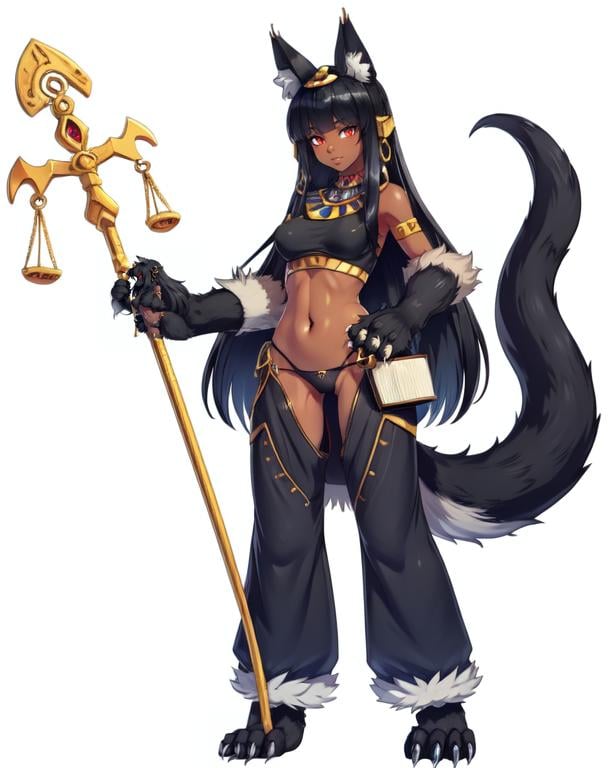 <lora:Anubis_MGE:0.8>, anub1s, long hair, solo, animal ears, tail, red eyes, animal hands, very long hair, navel, black hair, egyptian, monster girl, staff, dark skin, dark-skinned female, breasts, looking at viewer, full body, wolf ears, underwear, wolf tail,  panties, claws, holding, fur, jewelry, holding book, small breasts, standing, midriff, simple background, blunt bangs, white background, pants, ankh, black panties