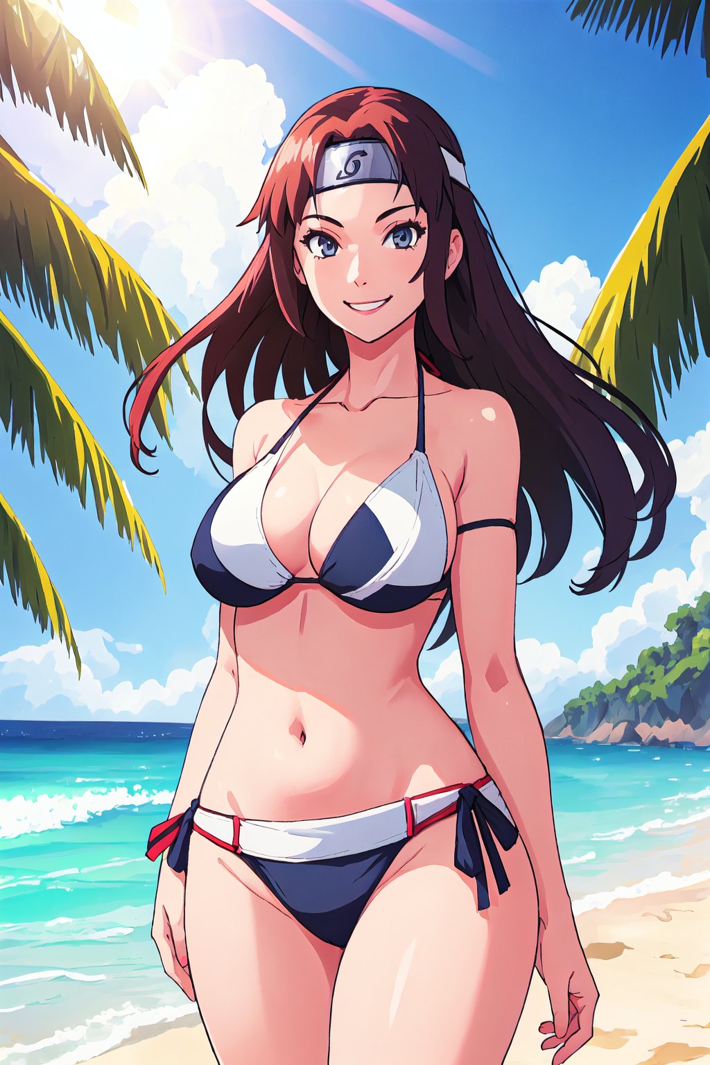 <lora:KishimotoStyle_1-step00002900:0.7>, solo, 1girl, forehead protector, headband, black headband, konohagakure symbol, large breasts, bikini, beach background, sunshine, beautiful, smiling, looking at viewer, cowboy shot