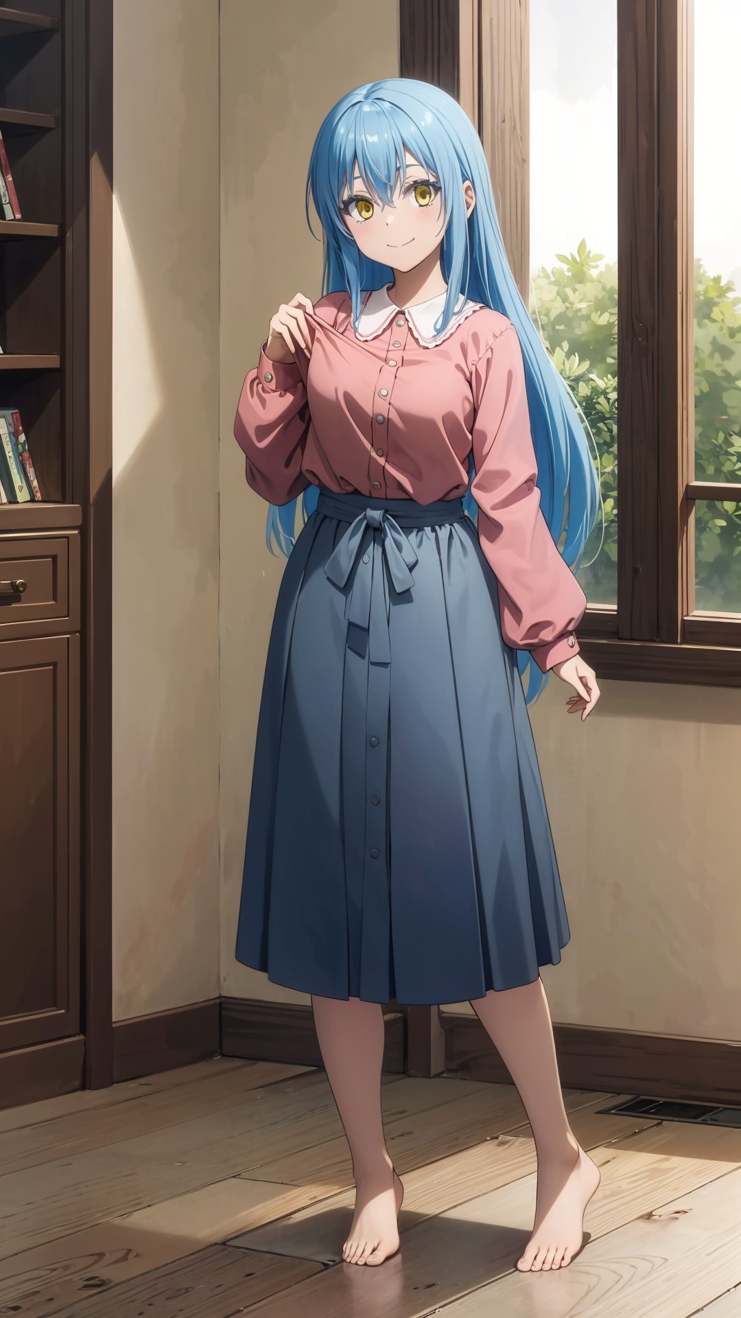 (masterpiece, best quality), ray tracing, absurdres, HDR,rimuru clothes, long hair, blue hair, yellow eyes, shirt, closed mouth, red shirt, 1girl, large breats,holding, rimuru tempest, skirt, bangs, pink shirt, smile, solo, hair between eyes, grey skirt, long sleeves, collared shirt, holding clothes,blush ,looking at viewer,indoors,barefoot,full body,   <lora:rimuru_clothes01:0.7>