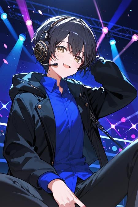 score_9, score_8_up, score_7_up, score_6_up, 1girl, <lora:Miyake_Aoi:0.9> aoi, black hair, short hair, black jacket, blue shirt, headphones, color lights, club stage, black pants,