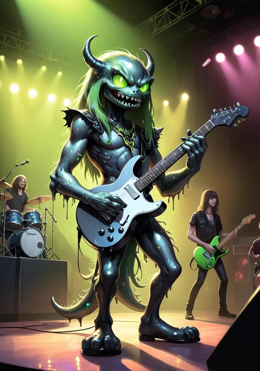 highres,best quality,Illustration of a metallic slime creature holding a black electric guitar, with glowing green eyes and a mischievous grin, standing in front of a stage with a rock concert going on in the background. Its metallic body reflects the colorful spotlights shining on it, and its slimy skin glistens in the dimly lit concert hall, creating an atmosphere of rock and roll meets fantasy.