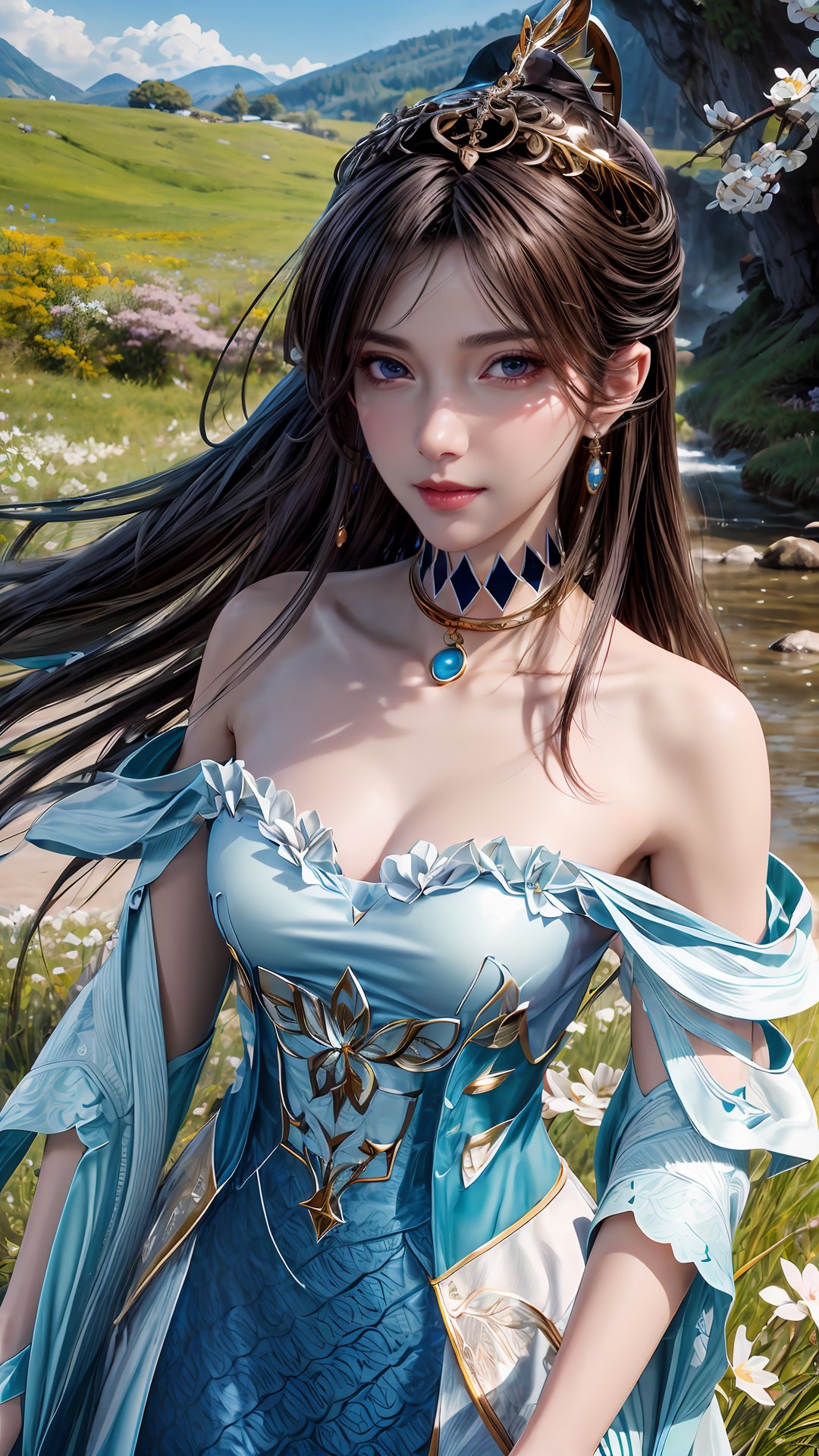 masterpiece,best quality,official art,extremely detailed CG unity 8k wallpaper,realistic,light rays,light particles,1girl,solo,medium chest,in a meadow,stream,mountain,cherry_blossoms,flower,outdoors,long_hair,earrings,(hair_ornament:1.2),dynamic pose,looking at viewer,(cowboy shot:1.2),