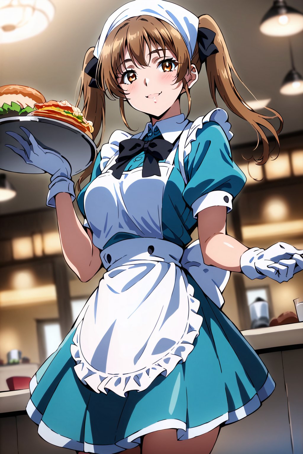 score_9, score_8_up, score_7_up, score_6_up, score_5_up, score_4_up, source_anime, cowboy shot, sunohara shizuka, 1girl, solo, sidelocks, twintails, smile, apron, blue shirt, blue skirt, frilled apron, frills, gloves, head scarf, shirt, short sleeves, skirt, uniform, waist apron, waitress, white apron, white gloves, food, tray, food tray, indoors, restaurant, looking at viewer, dutch angle, cowboy shot, masterpiece, best quality, cute girl, beautiful girl, perfect body, perfect face, uncensored, hair bow, <lora:sunohara shizuka auti:1>