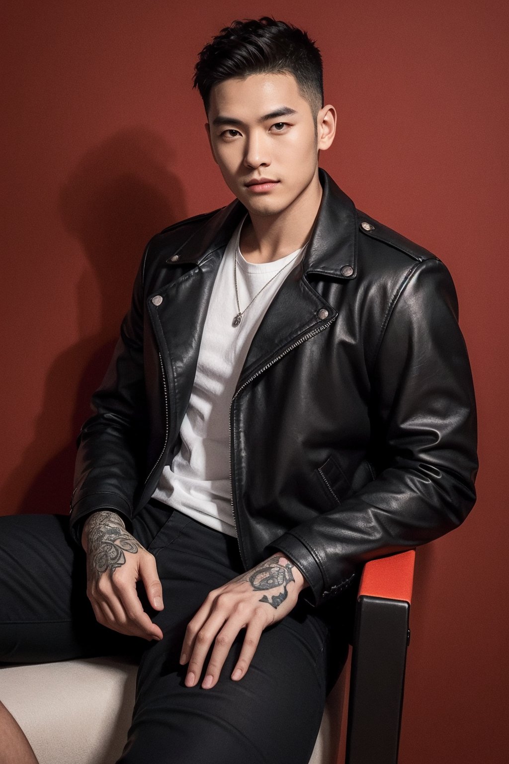 LianmoNan,man in his late twenties reclines with confidence against a deep red backdrop. His black attire and leather jacket exude a bad-boy aura, complemented by his slicked-back hair and an array of tattoos. A mysterious briefcase,<lora:man_face_05_v1.0:1>,, masterpiece,best quality,