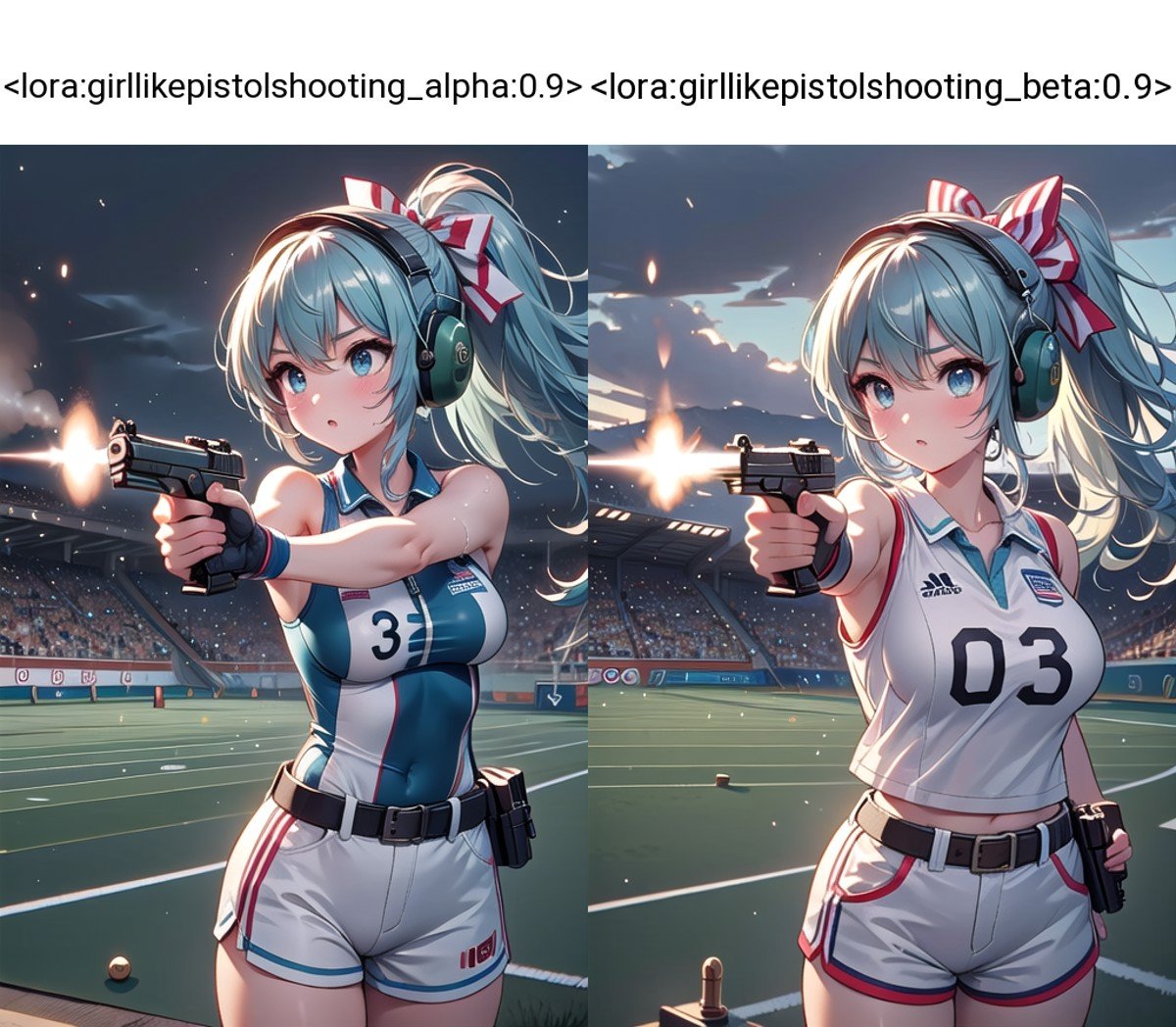 (((masterpiece))), (((best quality))), (((target in range))), ((pistol shooting)), (holding air handgun), outstretched arm, muzzle flash, aiming at viewer, firing, player uniform, sleeveless, sports shorts, ear defenders, fingerless gloves, olympic games venue, sky, wind, steam, sweat, shadow, 1girl, ribbon, aqua hair, wavy hair, floating hair, big tits, standing, <lora:girllikepistolshooting_alpha:0.9>