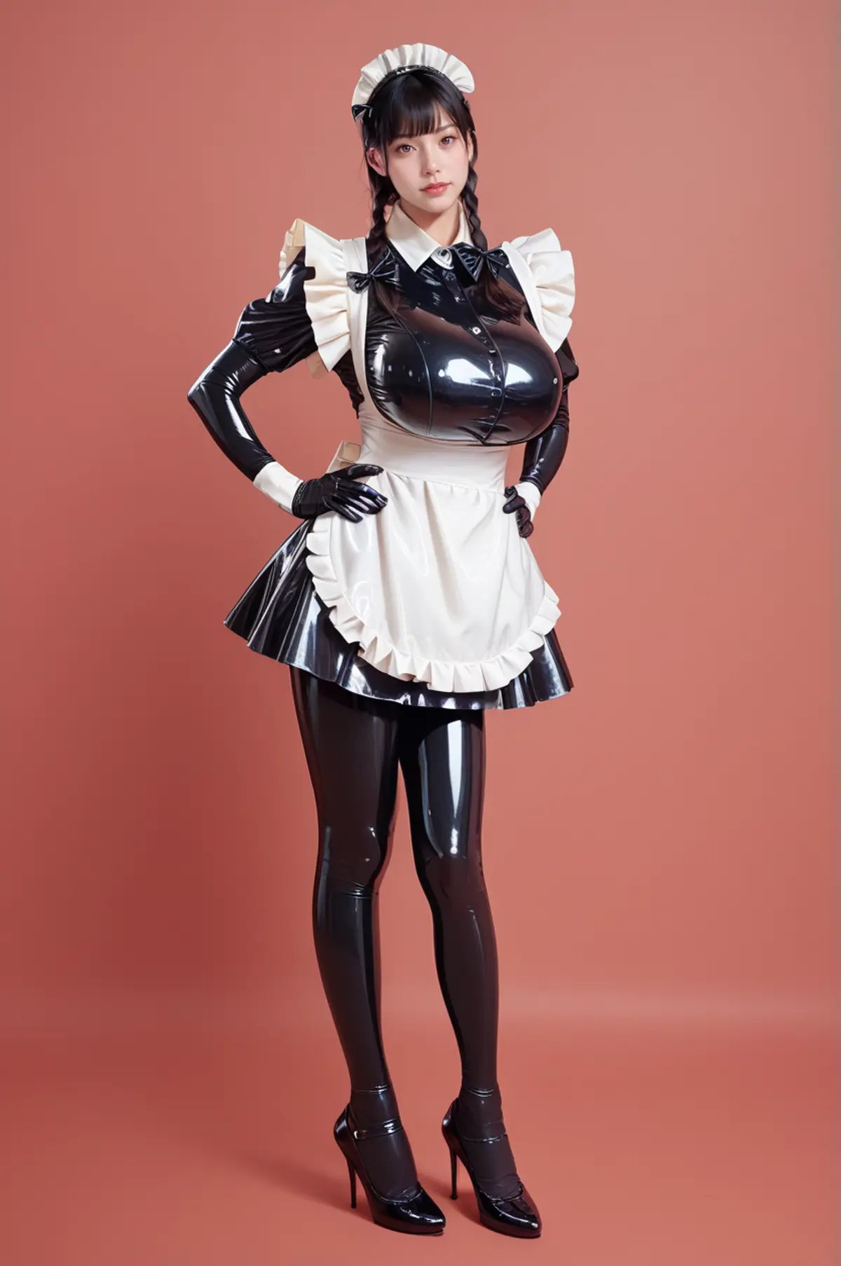 score_9,score_8_up,score_7_up,red background,1girl,solo,looking at viewer,standing,full body,huge breasts,hands on hips,<lora:lemon0021-Latex Maid_pony_v1:0.9>,lemon0021,latex bodysuit,maid,maid apron,maid headdress,high heels,