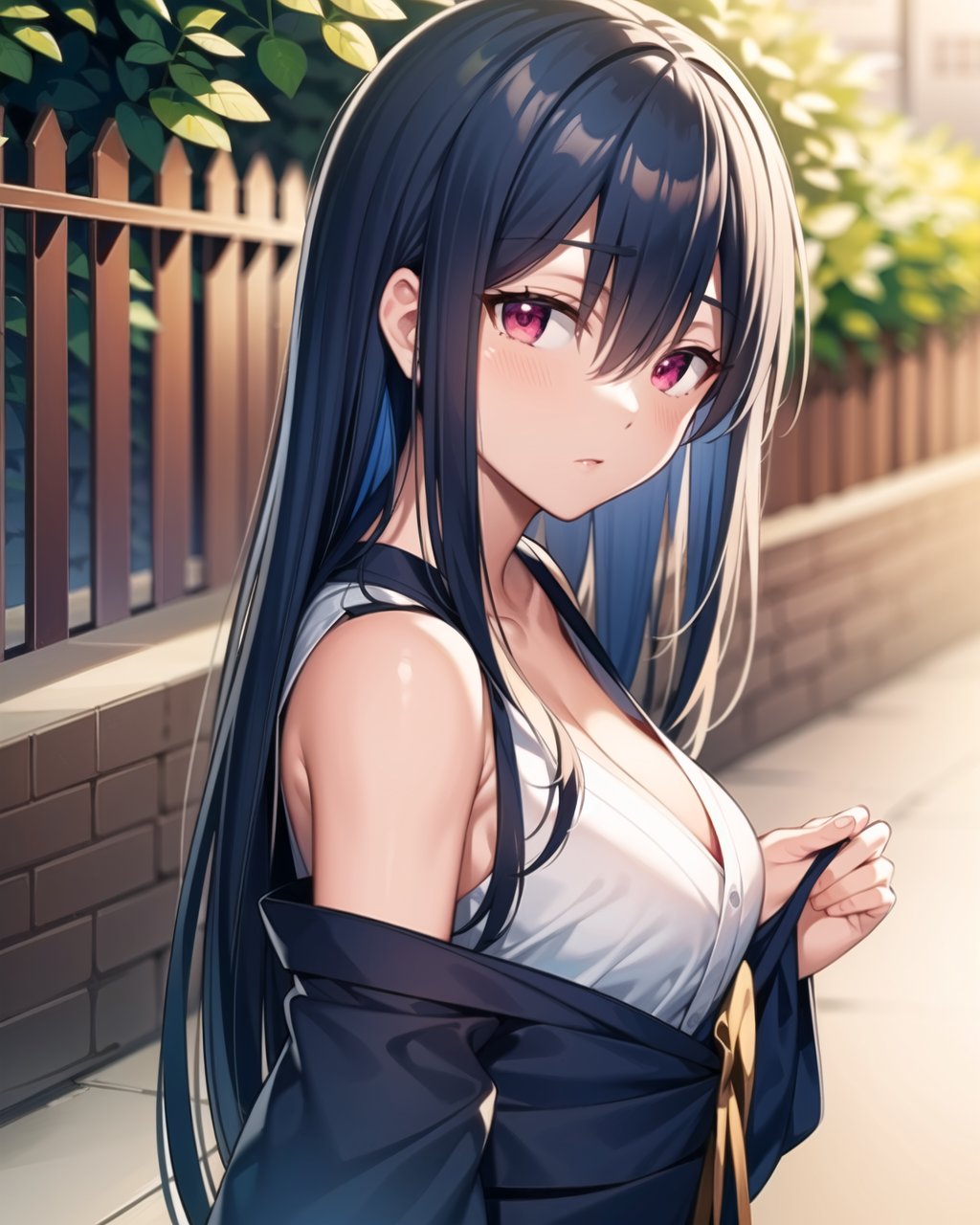 ((masterpiece)), ((best quality)), ((highres)), ((extremely detailed CG unity 8k wallpaper)), solo, medium breasts, <lora:shiina:1>, shiina, navy blue hair, yukata, red eyes, outdoors,