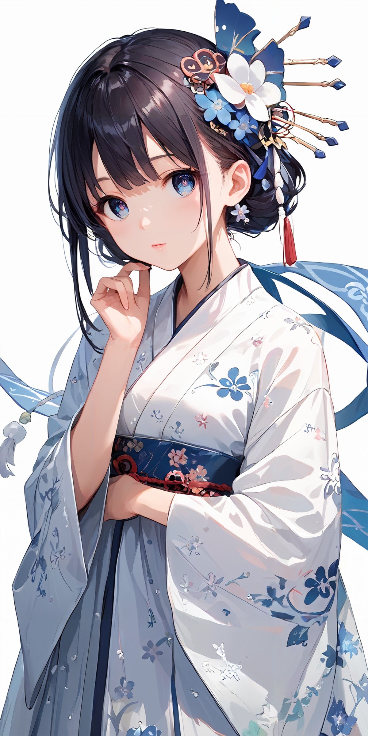 score_9, score_8_up, score_7_up,source_anime, high res image,masterpiece,best quality,girl,cute face,clear skin,shiny hair,ultra detailed eyes,simple background, <lora:hanfu_Pony_V1.0:1> jyojifuku, hair ornament, floral print