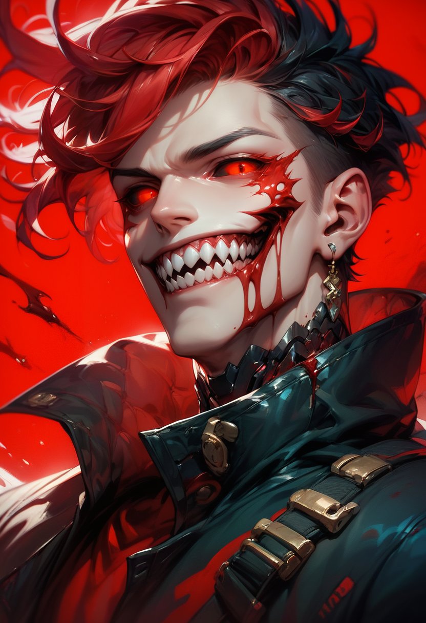 (score_9, score_8_up, score_7_up), zPDXL, solo, looking at viewer, smile, short hair, simple background, black hair, red eyes, 1boy, jewelry, jacket, upper body, male focus, red hair, earrings, teeth, black jacket, blood, glowing, sharp teeth, red background, colored sclera, black sclera<lora:BioPunky:0.8>