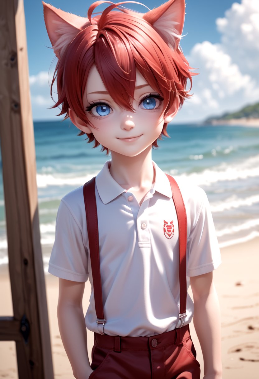 <lora:cacd-xl-base-2:0.6> ,(1boy:1.2), beach, smile, ( crimson cat ears:1.4), (red ears), male face, male body, more details in eyes, (very short hair:1.2), hair between eyes, cute, adorable boy, cute face, detailed face, handsome, young, juvenile, white skin, eyeshadow, crew cut, crimson hair, details sky, looking at viewer, blush, blue eyes, full shot, red suspenders, (pants), (white polo shirt), aki,(masterpiece:1.2), best quality, high resolution, unity 8k wallpaper, (illustration:0.8), (beautiful detailed eyes:1.6), extremely detailed face, perfect lighting, extremely detailed CG, (perfect anatomy),