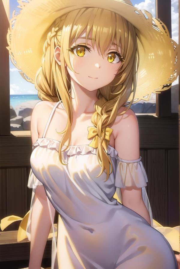 guildgirl, <lora:guild girl s2-lora-nochekaiser:1>,guild girl, long hair, brown hair, (yellow eyes:1.5), braid, single braid, smile,BREAK hat, dress, bow, white dress, sun hat, bare shoulders, collarbone,BREAK outdoors, beach,BREAK looking at viewer, (cowboy shot:1.5),BREAK <lyco:GoodHands-beta2:1>, (masterpiece:1.2), best quality, high resolution, unity 8k wallpaper, (illustration:0.8), (beautiful detailed eyes:1.6), extremely detailed face, perfect lighting, extremely detailed CG, (perfect hands, perfect anatomy),