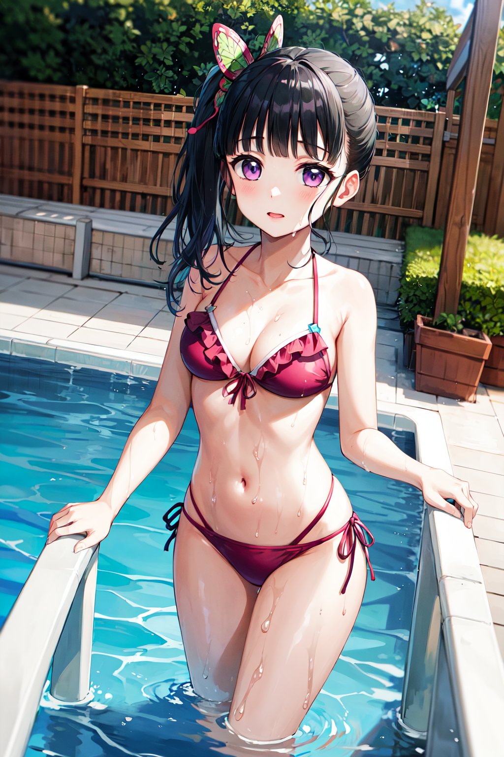 masterpiece, best quality, highres, aakanao, long hair, side ponytail, hair ornament, <lora:tsuyuri_kanao_v1:0.8>, frilled bikini, poolside, wet, partially submerged, water. standing, 