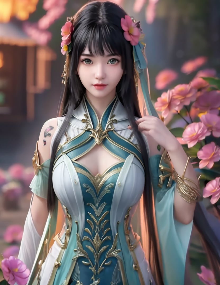 <lora:521-DA-诛仙CG-碧瑶:0.8>(,1girl, ,best quality, ),looking at viewer,  ,,ultra detailed background,ultra detailed background,ultra realistic 8k cg,, ,masterpiece, (( , )),ultra realistic 8k cgSurrounded by strange, movie perspective, advertising style, Colorful background, splash of color A beautiful woman with delicate facial features,tattoo all over body, flower arms,from above,