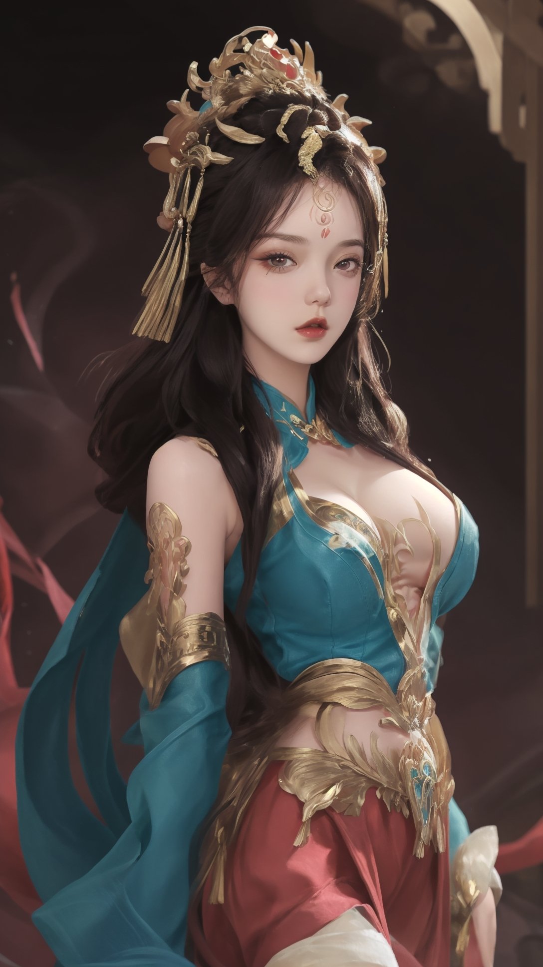 (1girl),smooth chin,masterpiece,detailed face,((hair ornament:1.2)),top quality,4k,make up,best quality,large breasts,(looking at viewer),red ribbon,dress,arms behind back,(on back),shawl,detached sleeves,chinese building,forehead mark,golden hair ornament,<lora:王者 杨玉环 原皮_v1.1:0.7>,legs,