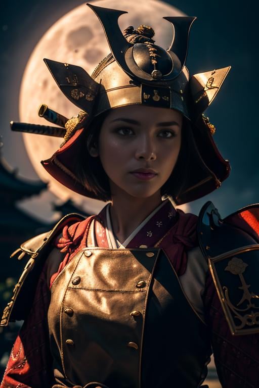 1woman, portrait,  a beautiful girl wearing samurai helmet,  short hair, looking at viewer, japan castle in front of full moon center in frame, <lora:samuraiLoraV01:0.8>, Photorealistic, Hyperrealistic, Hyperdetailed, analog style, hip cocked, demure, low cut, detailed skin, matte skin, soft lighting, subsurface scattering, realistic, heavy shadow, masterpiece, best quality, ultra realistic, 8k, golden ratio, Intricate, High Detail, film photography, soft focus,  blurry background,