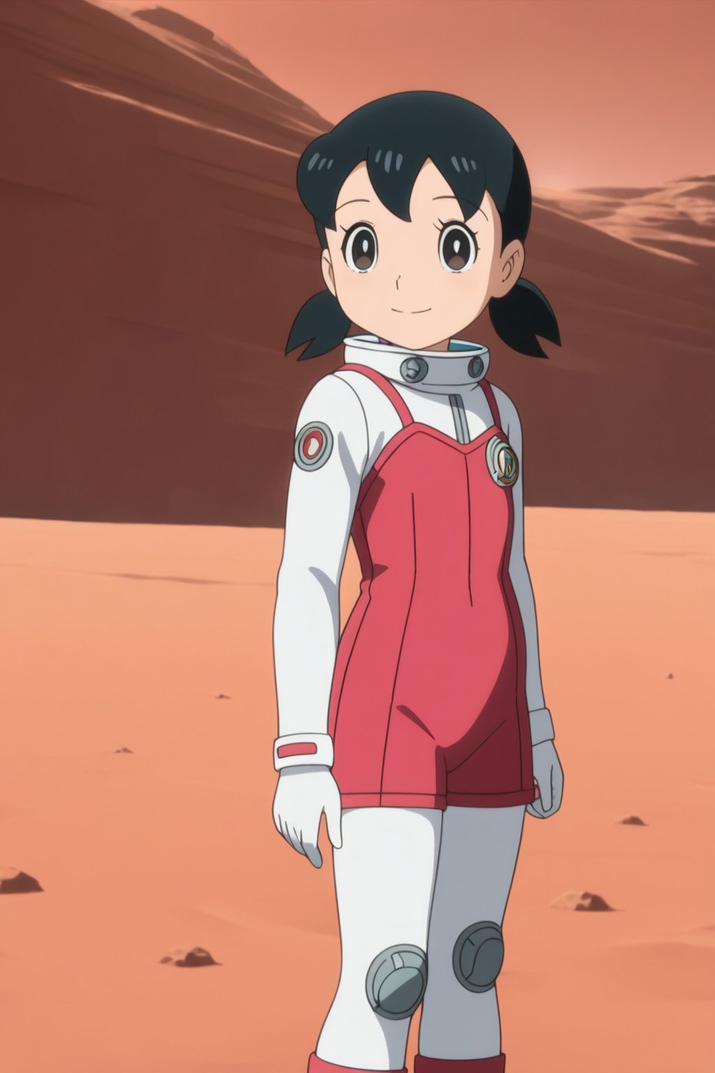 minamoto shizuka,cowboy shot, 1girl, solo, smile, Girl in a spacesuit stepping onto the surface of Mars, Earth visible in the distance, vast red landscape, futuristic colony in the background, sense of wonder and exploration, epic sci-fi scene, hyper-realistic detail, child,masterpiece, perfect face, best quality, beautiful eyes, shiny eyes, anime coloring, anime screencap, absurdres, award winning, <lora:minamoto shizuka niji 905:0.8>