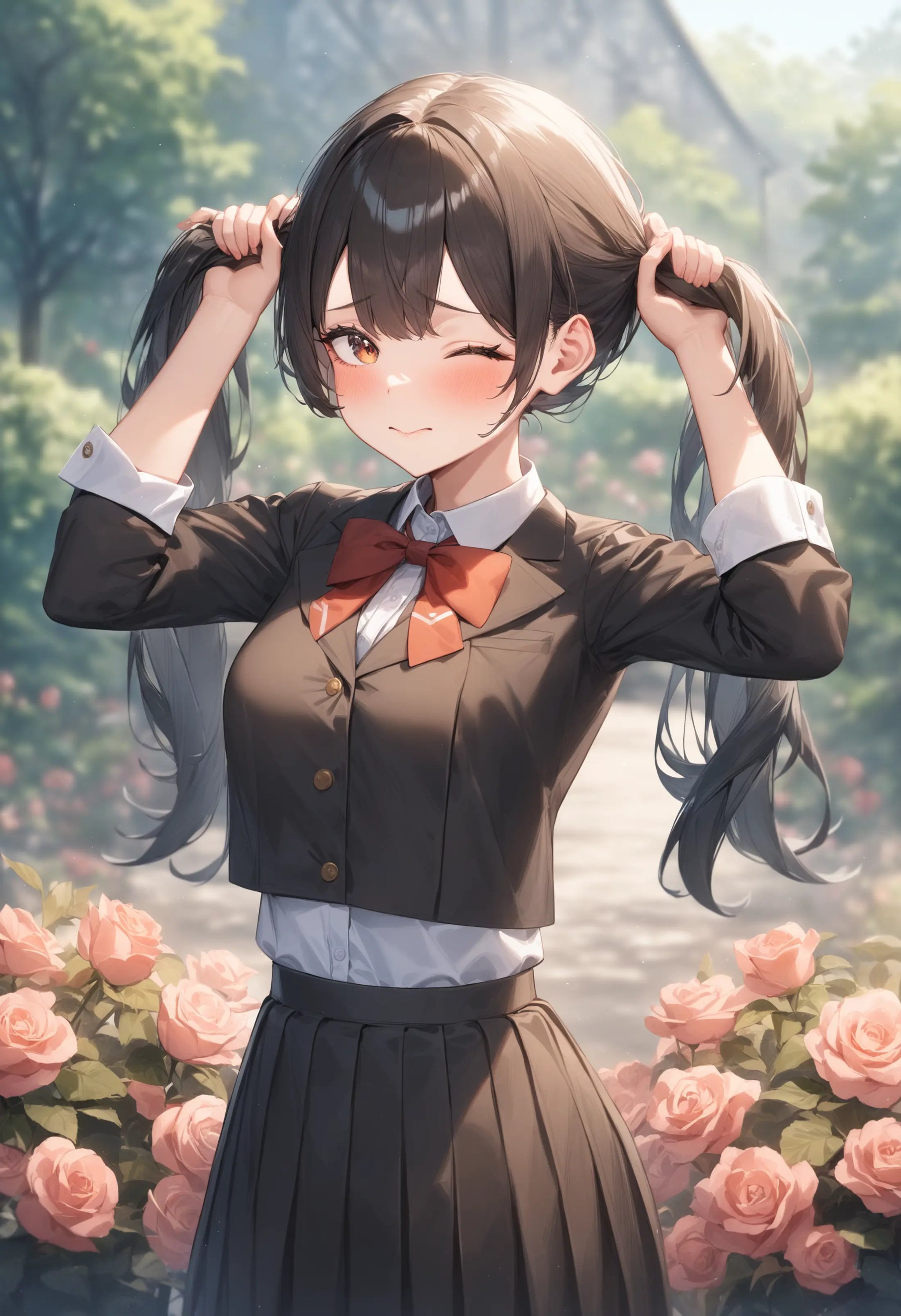 1girl, <lora:sdxl2-flat2-512b:-1>,medium breasts,school uniform,bunching hair,<lora:bunchinghair_XL_v1:1>from behind, portrait, looking up, wince, rose garden, closed mouth,masterpiece, best quality, very aesthetic, absurdres