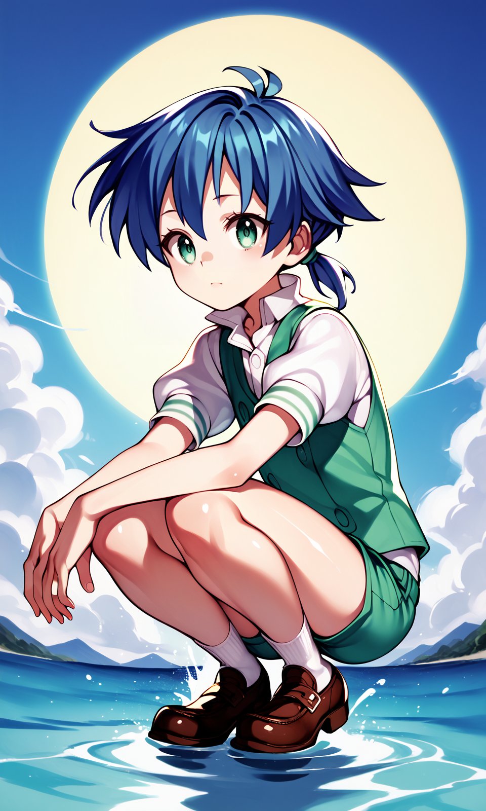 score_9,score_8_up,score_7_up, score_6_up, nyatabe, BREAKsolo, 1boy, lloyd, aqua eyes, blue hair, short hair, low ponytail, shiny hair, shiny skin, green vest, white shirt, puffy short sleeves, green short shorts, squatting, looking at the water, day, outdoors, riverbank, sun, cloud, condensation tral, <lora:LloydDeSaloum_Pony:1><lora:sd_xl_dpo_lora_v1:0.35> <lora:Nyatabe_Pony:0.75>