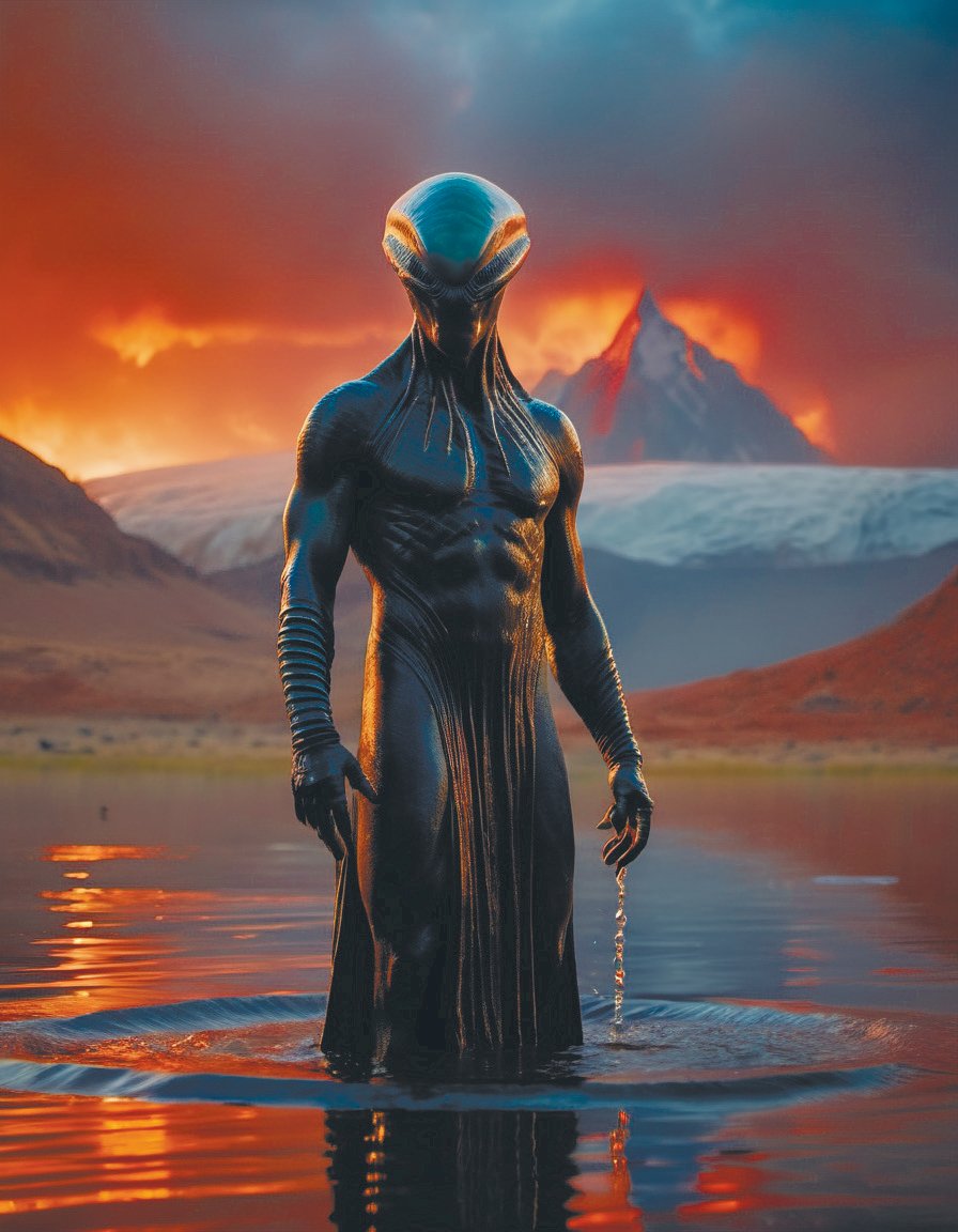 a beautiful male alien god covered,cinematic realistic,unreal engine 5 octane,dramatic lighting,pond,digital,crepuscular ray rutkowski,rossdraws,swirly vibrant color lines,majestic,cinematic aesthetic,<lora:add-detail-xl:1.6>,<lora:Alien_God_sdxl:0.8>,<lora:Movie_aesthetic_XL:0.7>,Roger Deakins Style <lora:Roger Deakins Style:0.6>,by diegocr