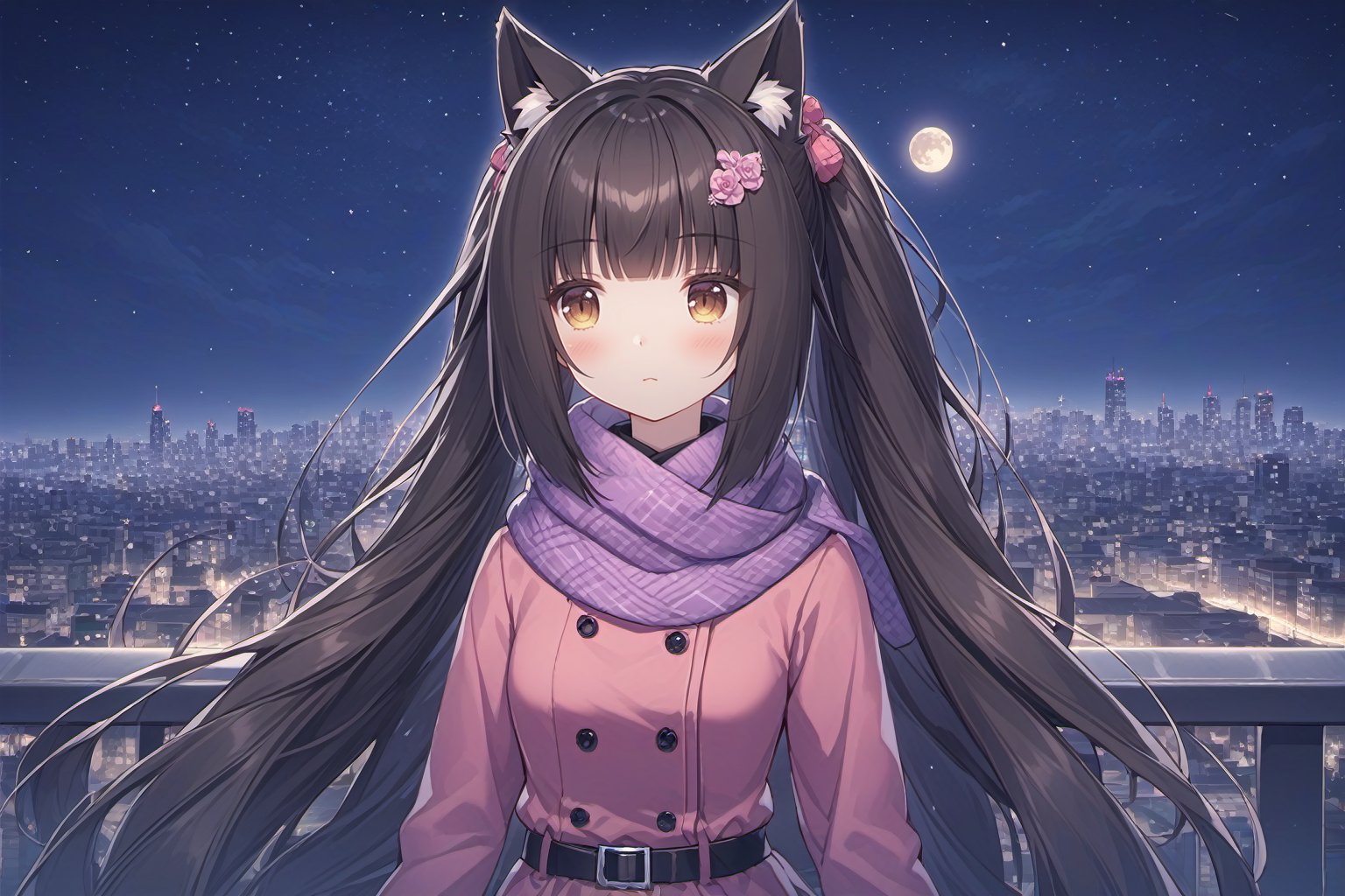 <lora:SDXL-Nekopara-Base-Lora-000002:0.75>,nekopara, Chocola_\(nekopara\), Nekopara_Chocola, 1girl, animal_ears, long_hair, black_hair, night, solo, cat_ears, scarf, cityscape, bangs, very_long_hair, animal_ear_fluff, railing, sky, long_sleeves, city, night_sky, star_(sky), coat, outdoors, closed_mouth, starry_sky, hair_ornament, cat_girl, upper_body, moon, building, blunt_bangs, sidelocks, skyline, looking_away, breasts, belt, blush, skyscraper, purple_scarf, city_lights