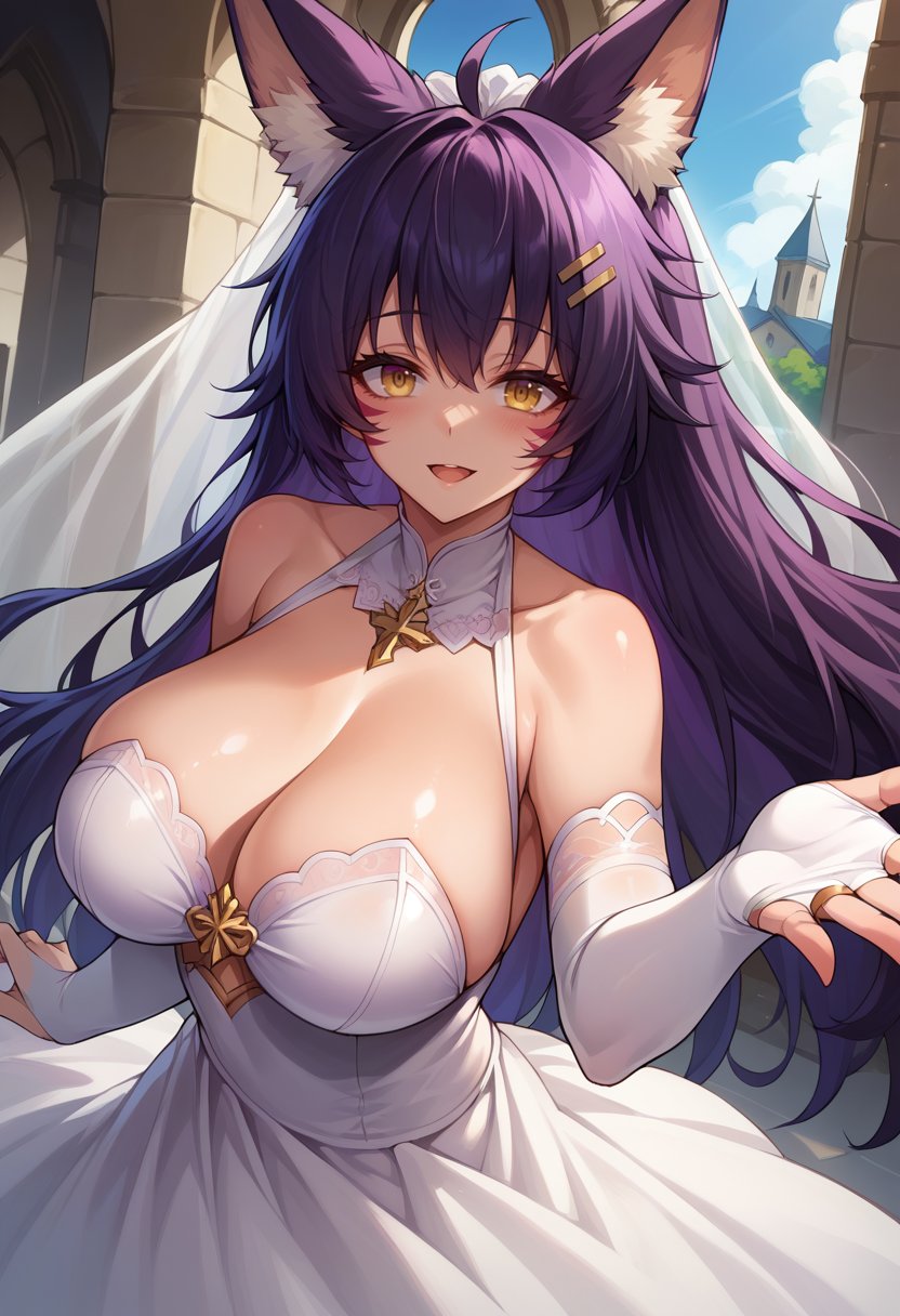 score_9,score_8_up,score_7_up BREAK 1girl,jelomusashirq,solo,church,standing,pov,reaching towards viewer,large breasts,purple hair,hairclip,yellow eyes,animal ears,facial mark,wedding dress,white bridal gauntlets,looking at viewer,happy,<lora:MusashiRQ-JeloXL-000008:1>,