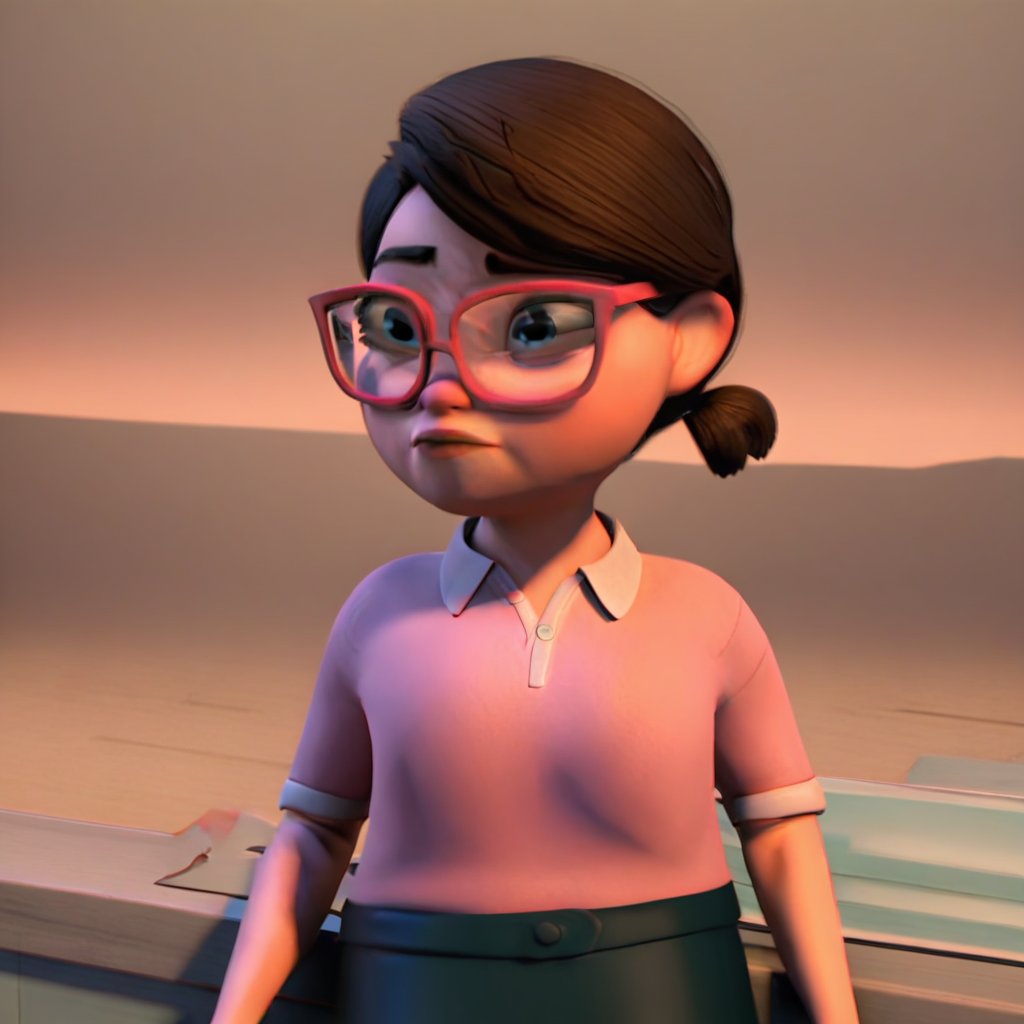 1shannon1, official style, 3d, 1girl, solo, pink shirt, collared shirt, black skirt, glasses