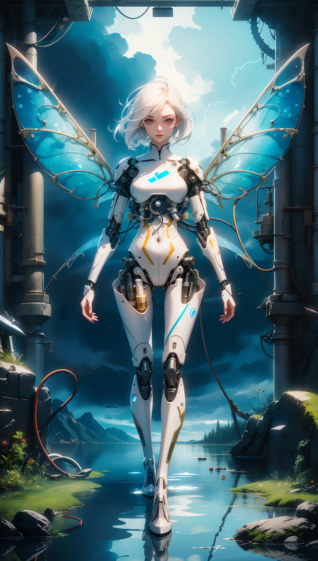 a female android,athletic,white hair,porcelain,tight bodysuit,white plastic,see through,ornate,(joints:1.1),wires,<lora:reelmech1v2:0.6>,(mechanical parts),<lora:FeyAndFairies-10:0.75>,FeyFa,fairy wings,sky,storm clouds,grass,lake,lights,
