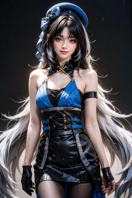 cowboy shot,1girl,solo,smile,looking at viewer,standing,yangyang cosplay costume,yangyang,cosplay,black hair,long hair,multicolored hair,white hair,dress,hat,bare shoulders,detached collar,single glove,arm strap,gloves,pantyhose,black pantyhose,<lora:WutheringWaves_Yangyang_cosplay_costume_v1:0.7>,