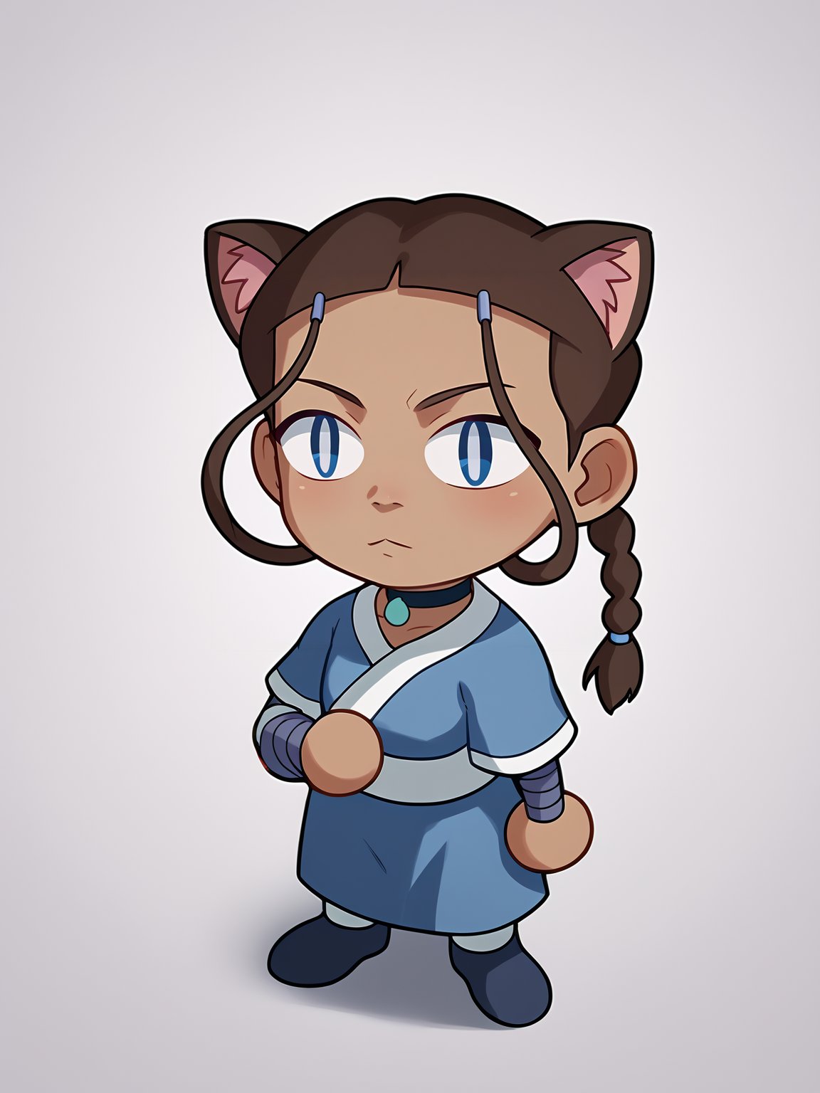 score_9, score_8_up, score_7_up, BREAK,1girl, necoarc, cat ears,katara, brown hair, braid, blue dress, blue eyes, dark skin, choker,chibi, slit pupils, solo, full body, white background <lora:necoarc-guy-PONY-v1:1>    <lora:KataraXL:1>