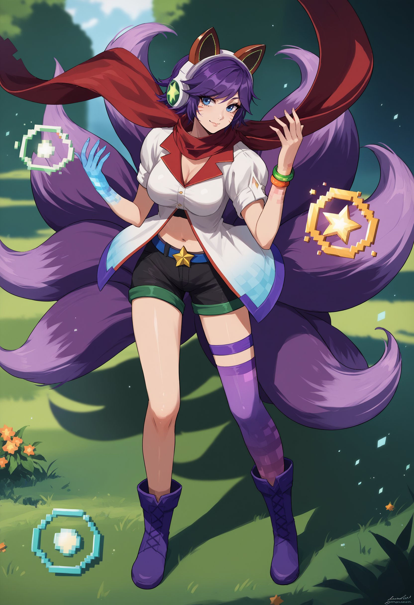 score_9, score_8_up, score_7_up, 1girl, solo, full body, standing, seductive smile, outdoors, Ahriarcade, animal ear headphones, fox tail, multiple tails, facial mark, mole under eye, short hair, purple hair, blue eyes, blue hand, large breasts, red scarf, short sleeves, striped clothes, shirt, cleavage, bracelet, jewelry, midriff, Navel, belt, shorts, thighhighs, asymmetrical legwear, single thighhigh, star (symbol), <lora:Ahri_Arcade_pdxl_Incrs_v1:1>, purple boots, energy ball, 