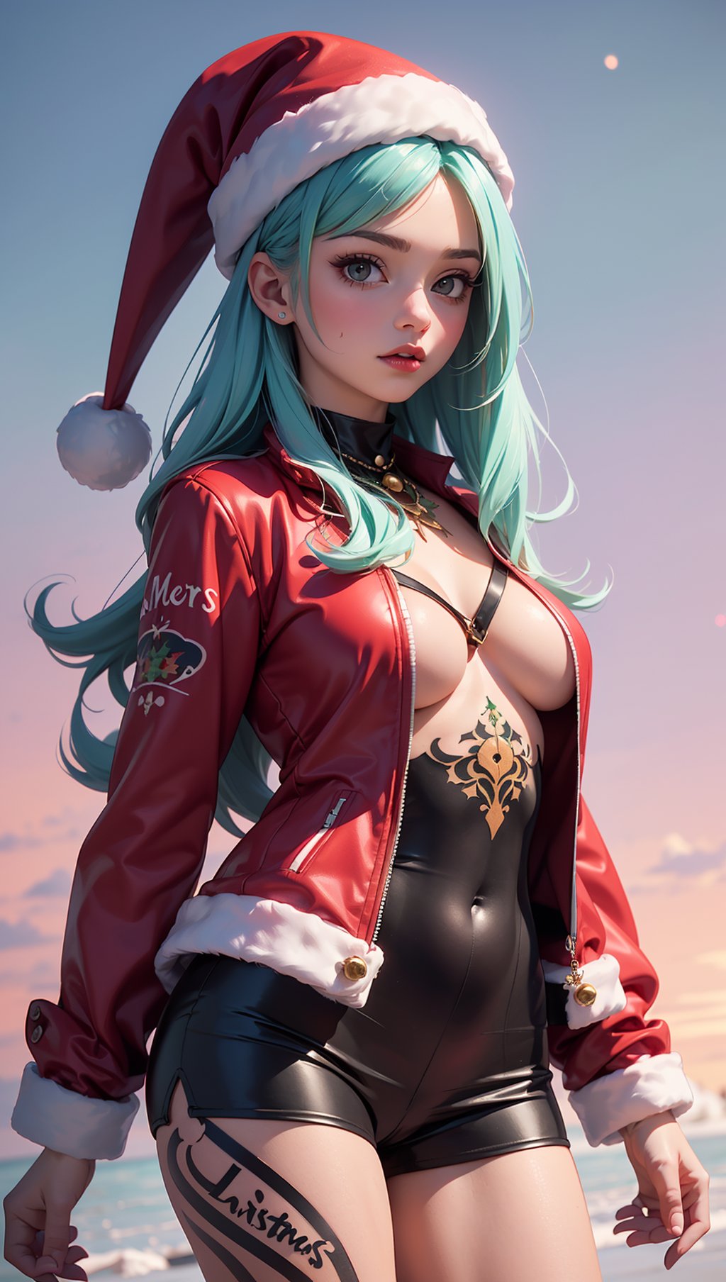 (1girl:1.2, body covered in words, words on body:1.1, christmas tattoos of (words) on body:1.2),(masterpiece:1.4, best quality),medium breasts,(intricate details),unity 8k wallpaper,ultra detailed,(pastel colors:1.3),beautiful and aesthetic,red christmas jacket (clothes),detailed,solo,