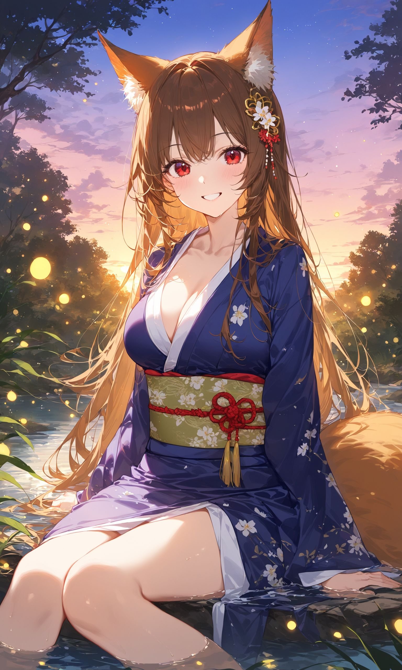 1girl, long hair, animal ears, brown hair, masterpiece, red eyes, smile, outdoors, tree, landscape, kimono, fox tail, looking at viewer, sunset, sitting, river, water, fireflies, nature, hair ornament, medium breasts, partially submerged,masterpiece, best quality, score_9, score_8_up, score_7_up, ultra-detailed, Best-A, Medium-B, Low-C, Bad-D,