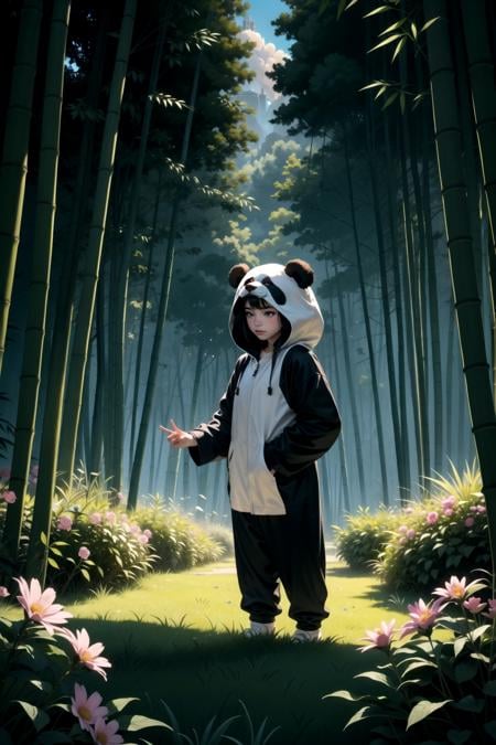 1girl, a beautiful bamboo forest fire with golden clouds and flowers. Volumetric light, moody colors, cinematic composition, movie concept art, vertical perspective, intense, cinematic lighting, intricate, elegant, panda ears, panda onesie, panda kigurumi,