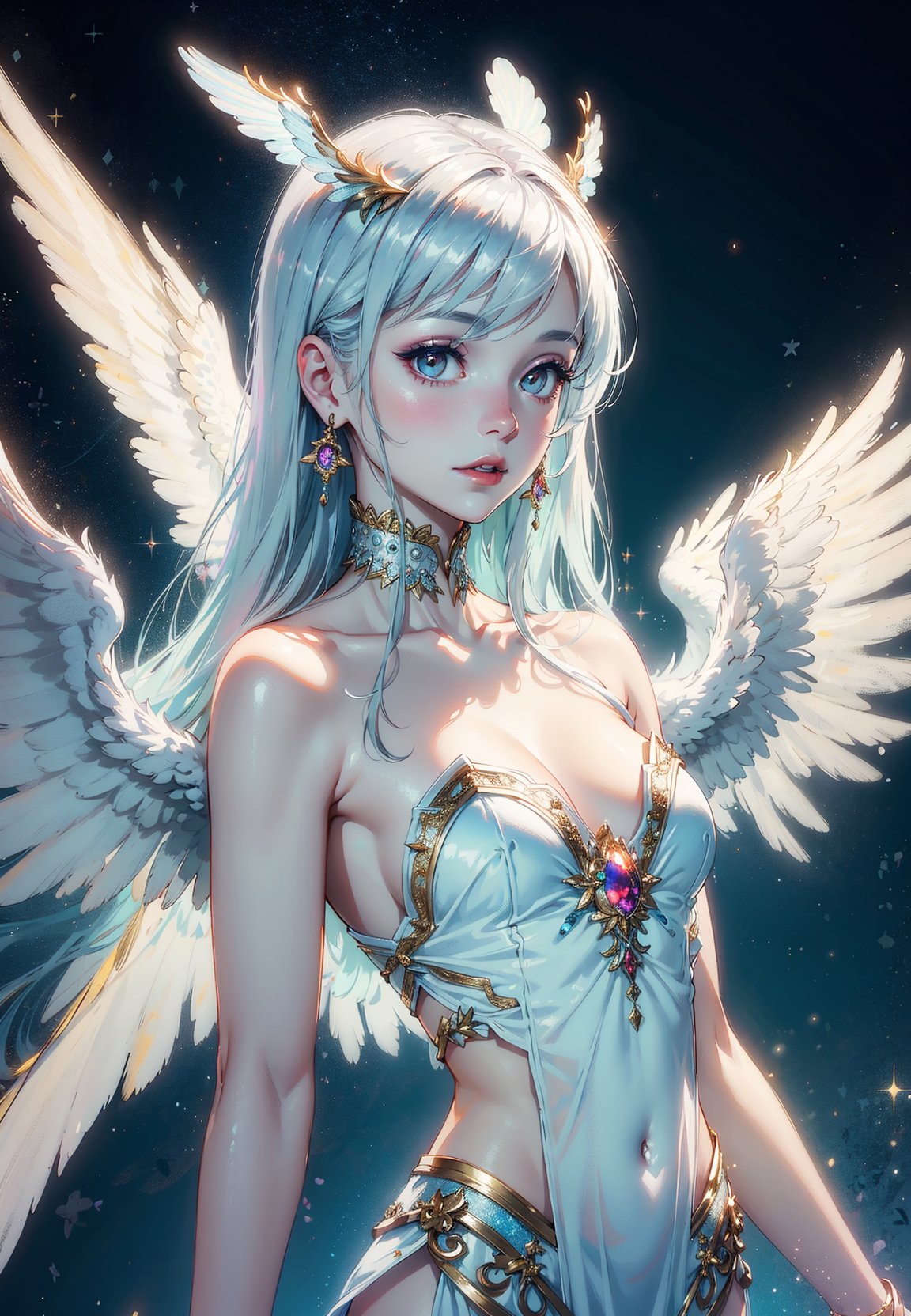 An angel is depicted with a pale and luminous complexion, their skin seemingly glowing with an otherworldly radiance. They are adorned with a pair of sparkling and graceful wings, symbolizing their divine nature. The scene is ethereal and enchanting, capturing the beauty and mystery of these celestial beings. angel, pale, luminous, complexion, glowing, otherworldly, radiance, sparkling, graceful, wings, divine, ethereal, enchanting, beauty, mystery.upper body,