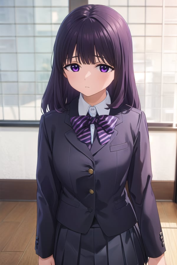 rionashijou, <lora:riona shijou s1-lora-nochekaiser:1>,riona shijou, bangs, purple hair, (purple eyes:1.1), medium hair,BREAK skirt, long sleeves, school uniform, jacket, socks, black skirt, two side up, black jacket, kneehighs, blazer, black socks, bow, bowtie, stripped, stripped bowtie,BREAK indoors, classroom,BREAK looking at viewer, (cowboy shot:1.5),BREAK <lyco:GoodHands-beta2:1>, (masterpiece:1.2), best quality, high resolution, unity 8k wallpaper, (illustration:0.8), (beautiful detailed eyes:1.6), extremely detailed face, perfect lighting, extremely detailed CG, (perfect hands, perfect anatomy),