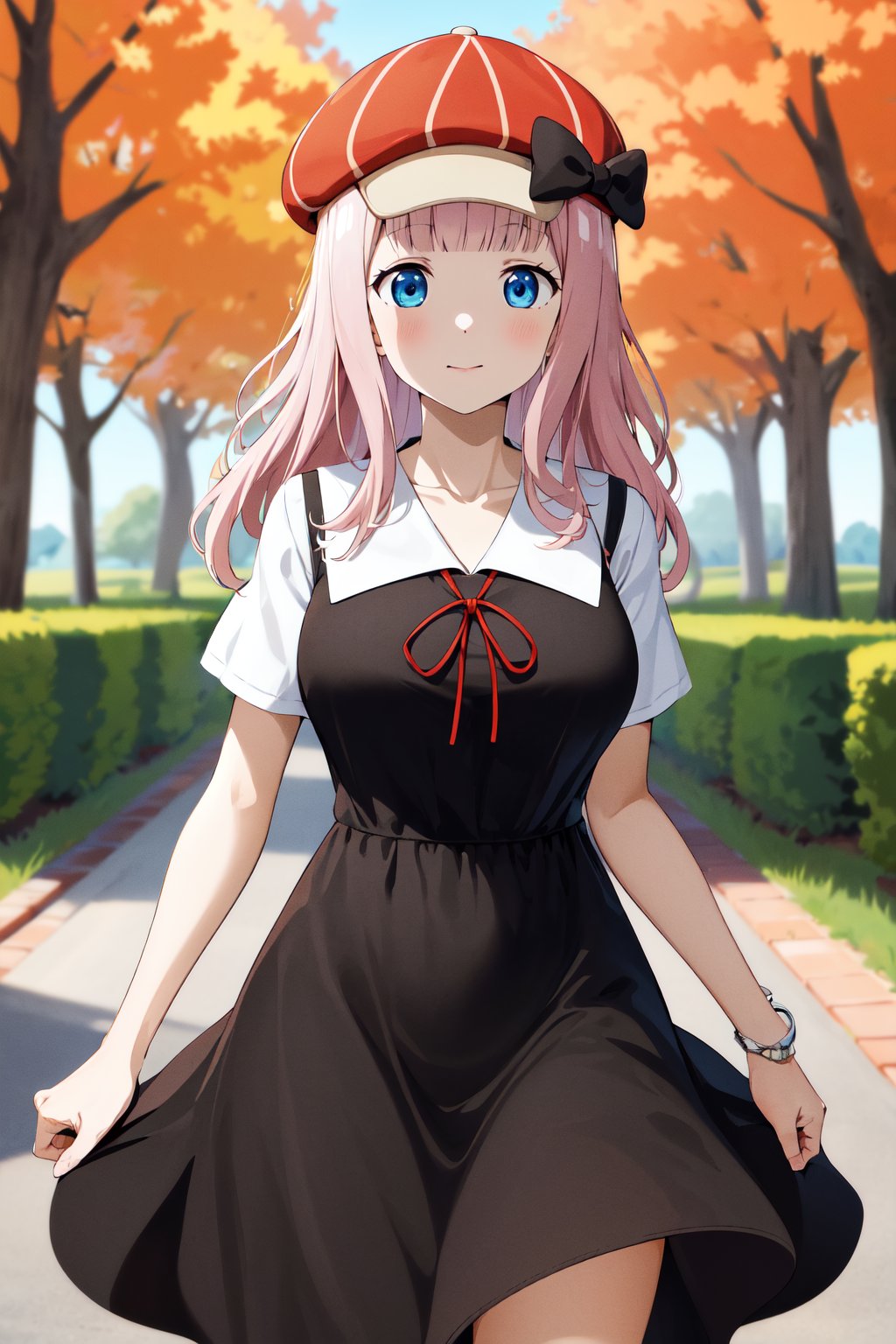 masterpiece, best quality, highres, aachika, long hair, hair bow, collarbone, summer uniform, neck ribbon, white shirt, pinafore dress, (black dress:1.2), short sleeves, black skirt, cabbie hat, red headwear, <lora:fujiwara_chika_v2:0.7>, standing, cowboy shot, autumn, 