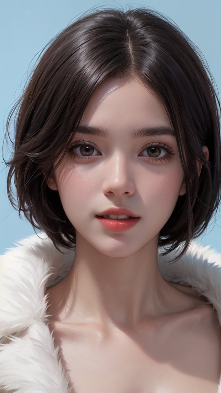 1girl, blue_background, breasts, brown_eyes, brown_hair, collarbone, fur, fur_coat, fur_collar, fur_trim, hand_on_own_face, lips, looking_at_viewer, nose, open_mouth, realistic, short_hair, solo, teeth