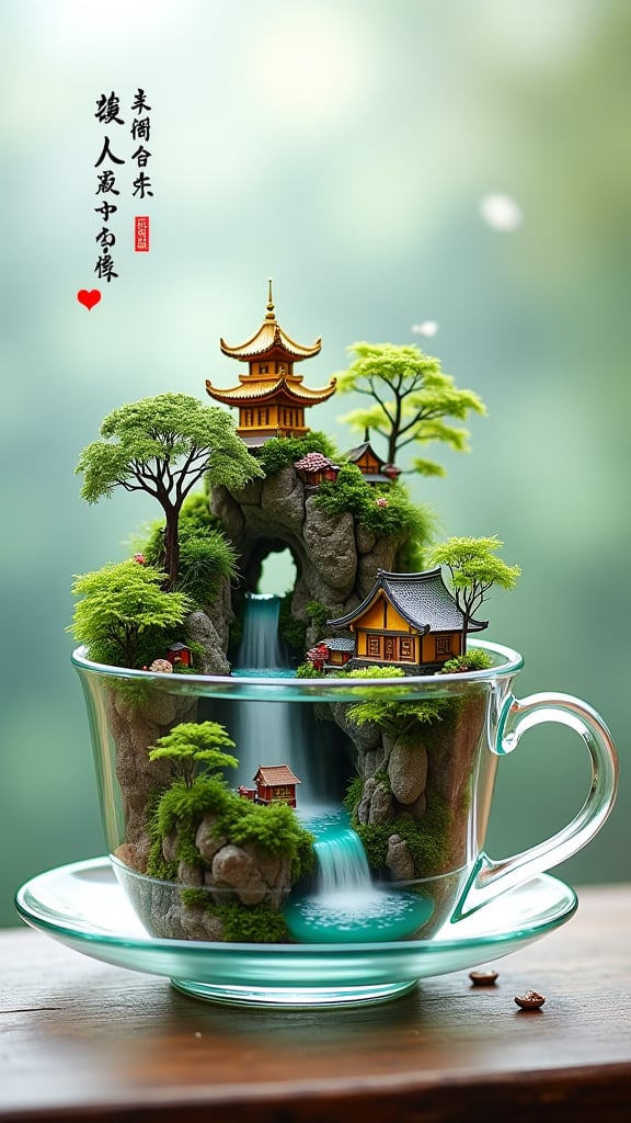 Title: A photo with Chinese style text, The text says "ALL THE TEA IN CHINA".Theme: A whimsical scene, inside a transparent glass teacup there is a miniature enchanted landscape, At the top place a golden pagoda surrounded by blooming trees and lush greenery, below include quaint rustic cottages nestled against rocky cliffs, with a serene river flowing through the middle, tiny boats floating on the water and a gentle mist rising, magical touch, atmosphere is dreamy and fantastical, blending elements of nature and fantasy within the confines of the teacup, 