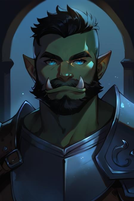 score_9, score_8_up, score_7_up, rating_safe, dark theme, low light, 1boy, solo, male focus, mature male, orc, green skin, tusks, blue eyes, short hair, black hair, facial hair, beard, mustache, looking at viewer, armor, shoulder armor, breastplate, pauldrons, upper body, closed mouth, standing, outdoors, night, night sky, dark background <lora:Anime Cold Night Style SDXL_LoRA_Pony Diffusion V6 XL:1>