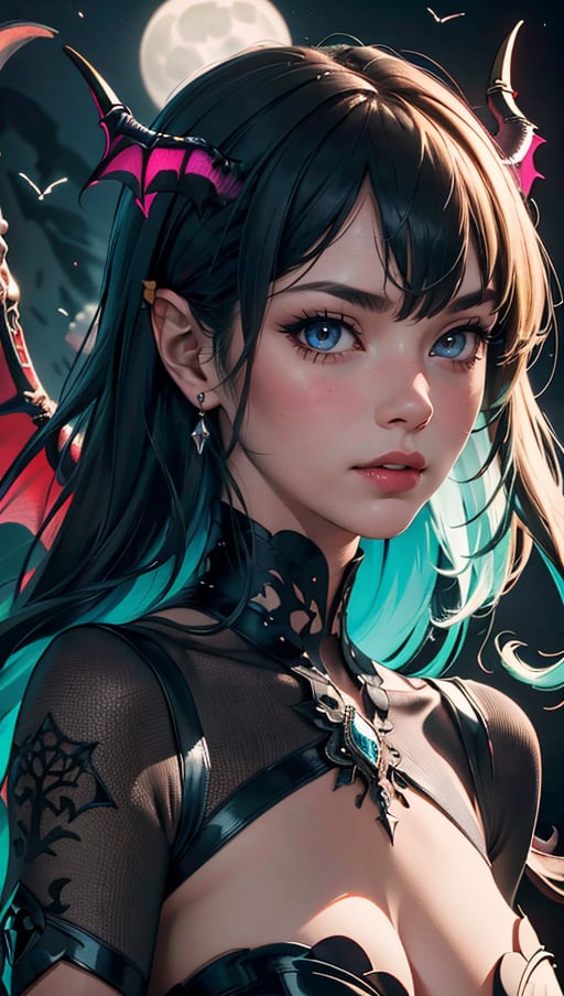 (best quality, masterpiece, colorful, dynamic angle, highest detailed)upper body photo, fashion photography of cute succubus girl, gothic, large demon red wings (high resolution textures), long green hair, (abstract art), half demon, crimson cat iris, cat eyes, vampire very long fangs, (intricate details, hyperdetailed:1.15), detailed, moonlight passing through hair, (official art, extreme detailed, highest detailed), HDR+