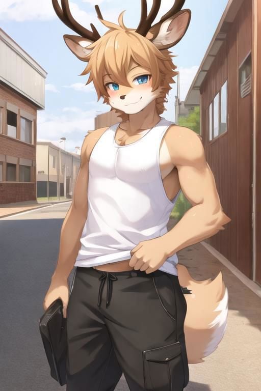 kemono deer, smirk, tanktop, pants, extreme detail, masterpiece, hi res, high detail, detailed eyes, detailed hands, full body picture,