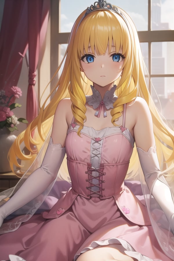 latifafleuranza, <lyco:latifafleuranza-lyco-nochekaiser:1>,latifa fleuranza, (yellow hair:1.5), blue eyes, long hair, (flat chest:1.2),BREAK diadem, tiara, elbow gloves, gloves, white gloves, dress, frilled dress, long skirt, frilled skirt, corset, (pink dress:1.5),BREAK looking at viewer, full body,BREAK indoors,BREAK <lyco:GoodHands-beta2:1>, (masterpiece:1.2), best quality, high resolution, unity 8k wallpaper, (illustration:0.8), (beautiful detailed eyes:1.6), extremely detailed face, perfect lighting, extremely detailed CG, (perfect hands, perfect anatomy),