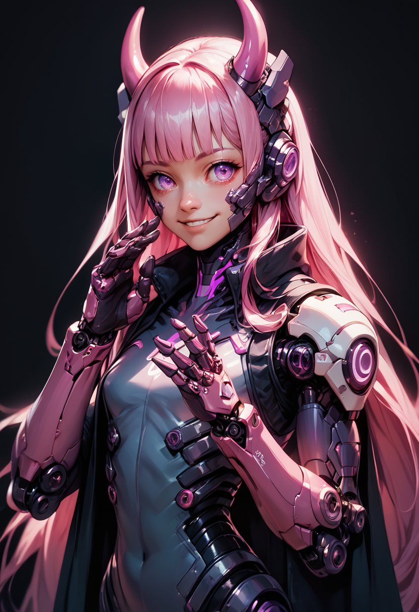 (score_9, score_8_up), score_7_up, zPDXL, very long hair, simple background, black background, pink hair, purple eyes, 1girl, cute, blunt bangs, robot horns, kawaii, upper body, science fiction, smile, mechanical arms, cyborg, cyberpunk, cowboy shot, black cape, cute pose<lora:BioPunky:0.9>