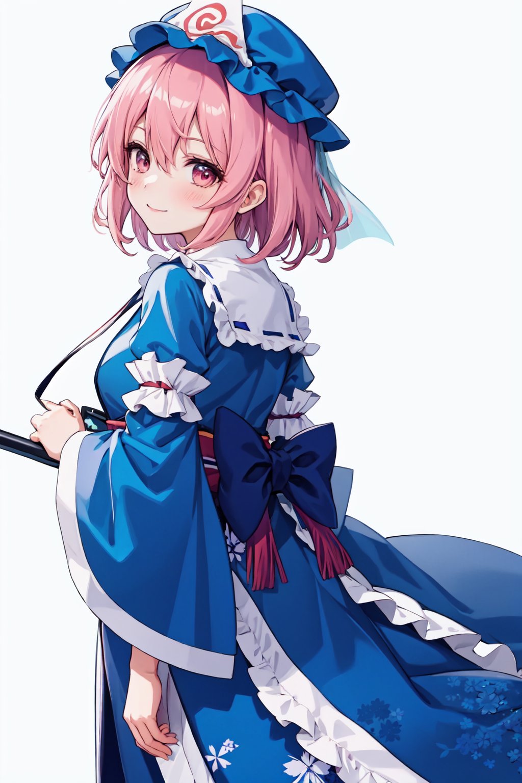 saigyouji_yuyuko,1girl,solo,mob_cap,triangular_headpiece,long_sleeves,blue_headwear,blue_kimono,wide_sleeves,blush,looking_at_viewer,smile<lora:saigyouji_yuyuko:1>,simple background,white backgroundmasterpiece,best quality, highly detailed, 