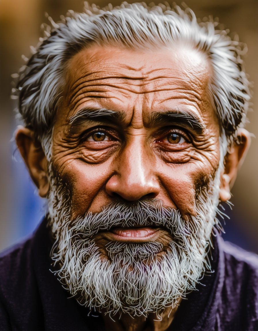 best quality, 4K, 8K, high-resolution, masterpiece, ultra-detailed, photorealistic,  portrait of an old man in kashmir, india by rajeev kumar, looking at viewer, man, closed mouth, brown eyes, male focus, facial hair, portrait, beard, realistic, old, old man, wrinkled skin,