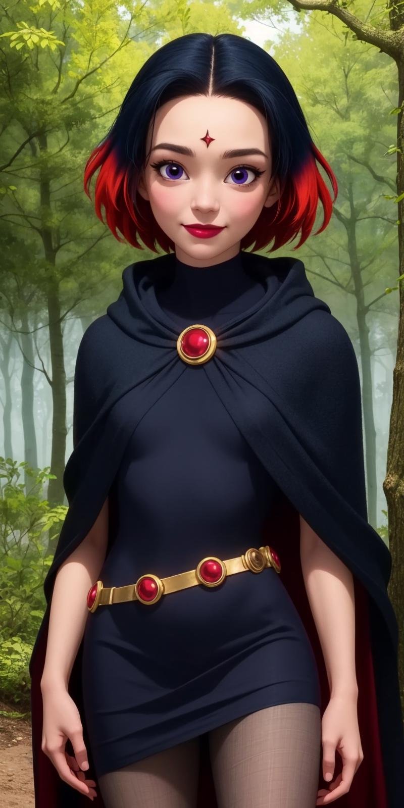 raven, 1girl, solo, purple eyes, black hair, red hair, multicolored hair, two-tone hair, gradient hair, short hair, makeup, forehead jewel,black dress, pantyhose, belt, cape,smile,closed mouth,cowboy shot,upper body,forest,outdoor,(insanely detailed, beautiful detailed face, masterpiece, best quality) cinematic lighting,<lora:Raven_SHG_v1:1>, <lora:more_details:0.3>,