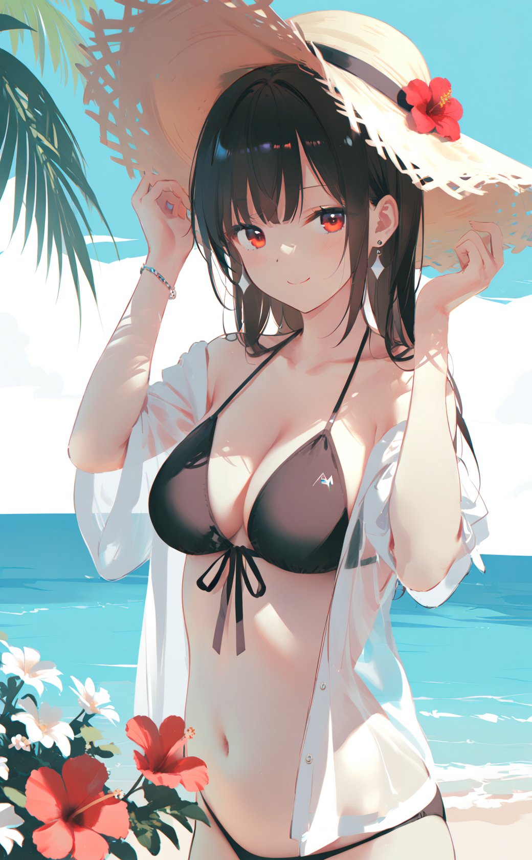 masterpiece,best quality,high quality,(colorful),[Artist toosaka asagi],[[[Artist wlop]]],[Artist chen bin],[Artist omone hokoma agm],Artist hiten (hitenkei),1girl,loli,hat,solo,breasts,bikini,flower,swimsuit,black hair,looking at viewer,smile,upper body,jewelry,collarbone,straw hat,medium breasts,hibiscus,see-through,cleavage,long hair,red eyes,black bikini,earrings,bracelet,hands on headwear,outdoors,closed mouth,halterneck,sun hat,tree,hands up,open clothes,