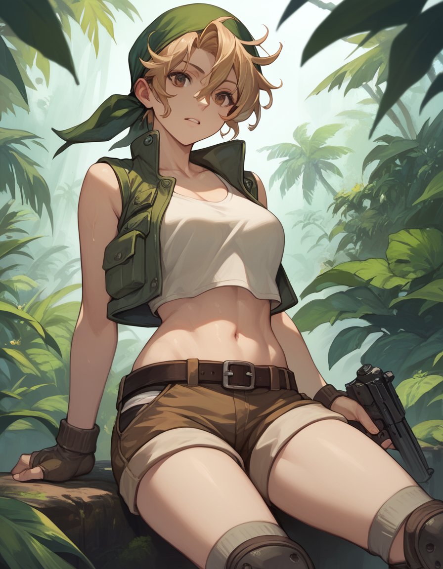 score_9, score_8_up, score_7_up, score_6_up, score_5_up, score_4_up, source_anime<lora:metalslug-ponyxl-000002:1>kasamoto eri, bandana, crop top, vest, midriff, navel, socks, brown shorts, short shorts, knee pads, combat boots,1girl, jungle, gun