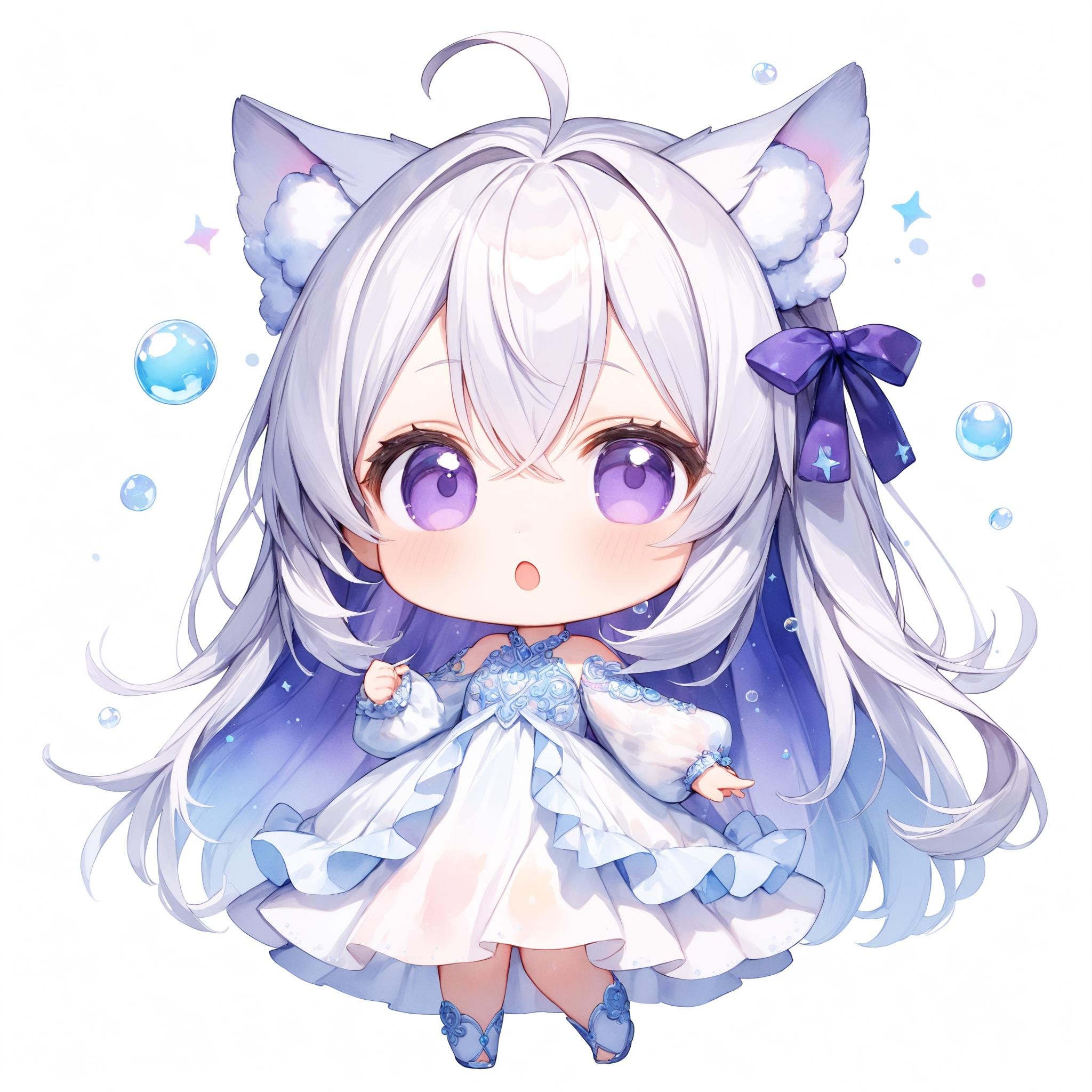 Full body shot. Cinematic angle. A very cute girl. Chibi. :o. Cute pose. Looking at viewer. (Round face:1.2). Detailed dark-purple eyes. Long straight hair. Hair ribbon. (Shine silver hair). (Shine silver inner hair).(Ahoge:1.05). Shine silvercat ears. Hair between eyes. Detailed body. Small breasts. White chiffon maxi dress. Long sleeves. Ruffled long sleeves. No background. White background. Soap bubbles. Cute style. Watercolor. Deformed. Miniature. Intricate details. Extremely detailed. Outstanding intricacies. (Masterpiece:1.2). (Best quality:1.2). (Absurdres absolutely resolution:1.4).